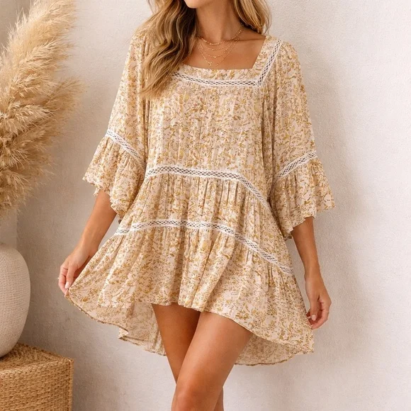 Free People Talk About It Lattice Trim Boho Floral Pintuck Yellow - Picture 9 of 9